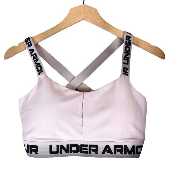Under Armour Women’s Sports Bra LG Pink Criss Cross Logo Band Stretch Pullover - Picture 1 of 6